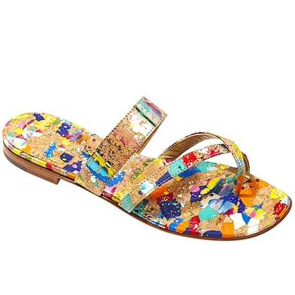 Manolo Blahnik Susa Spatter Paint Cork Flat Sandal, Size 6.5 - Picture 1 of 9